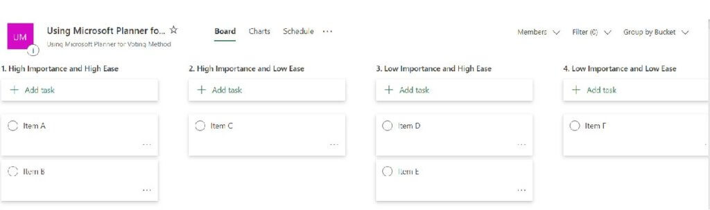 Sample of using Microsoft Planner for task and goal prioritization